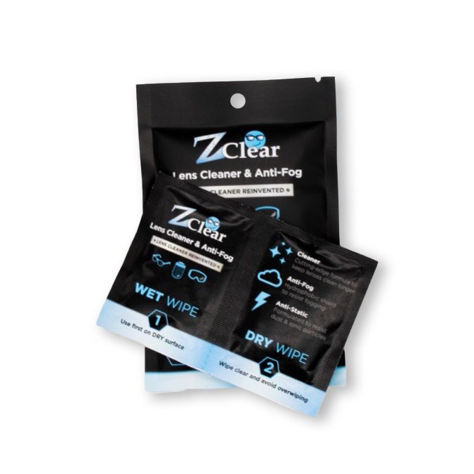 Z Clear disposable lens wipes packaging shows wet/dry foil pairs and direction card
