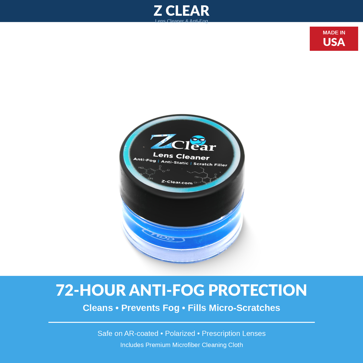 Z Clear Glasses Cleaner & Anti-Fog Paste + Microfiber Cloth — 72-Hour Protection, Made in USA