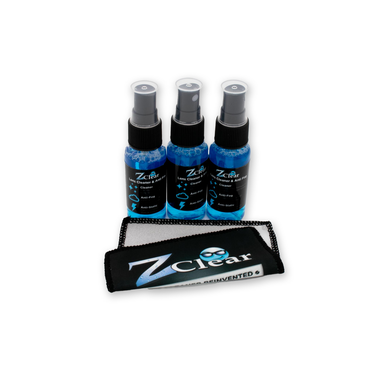 Z Clear 1oz lens cleaner spray 3-pack with microfiber cloth — value bundle
