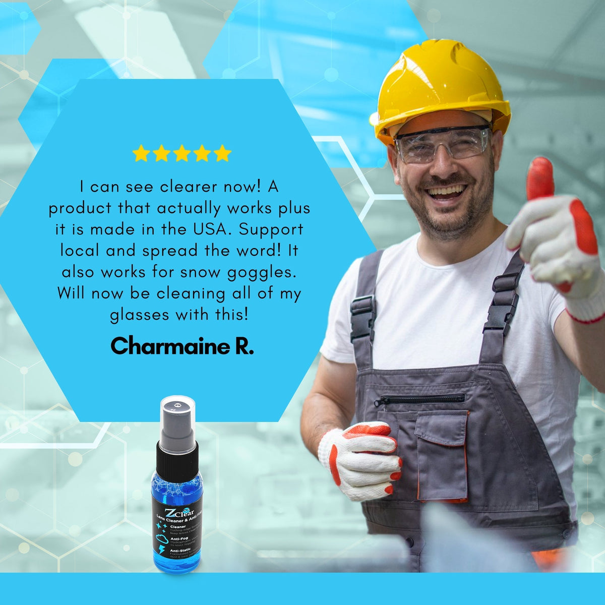Z Clear 1oz spray applied to prescription eyeglasses for fog-free vision