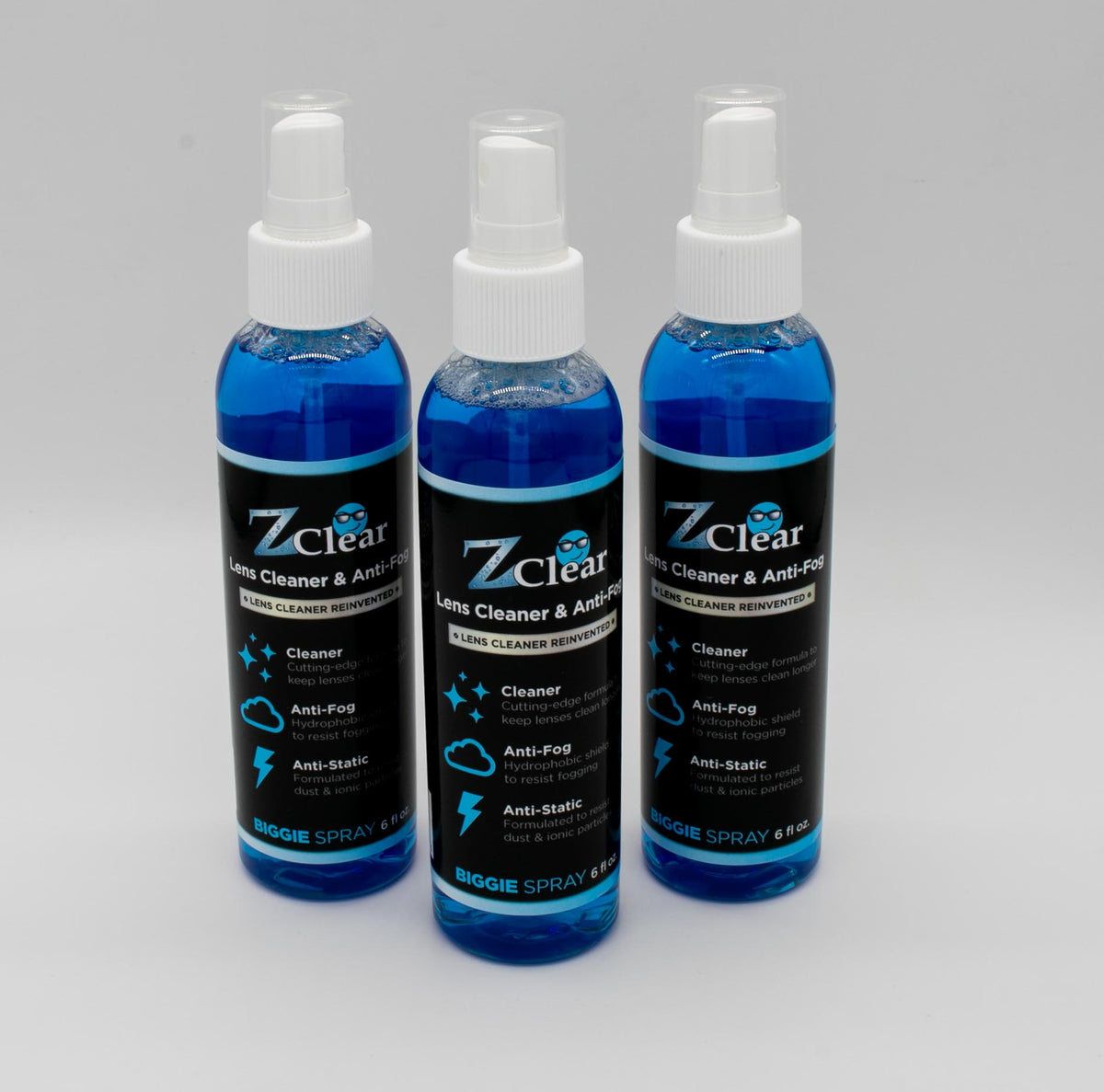 Z Clear Biggie 6oz anti-fog spray paired with microfiber cleaning cloth for streak-free results