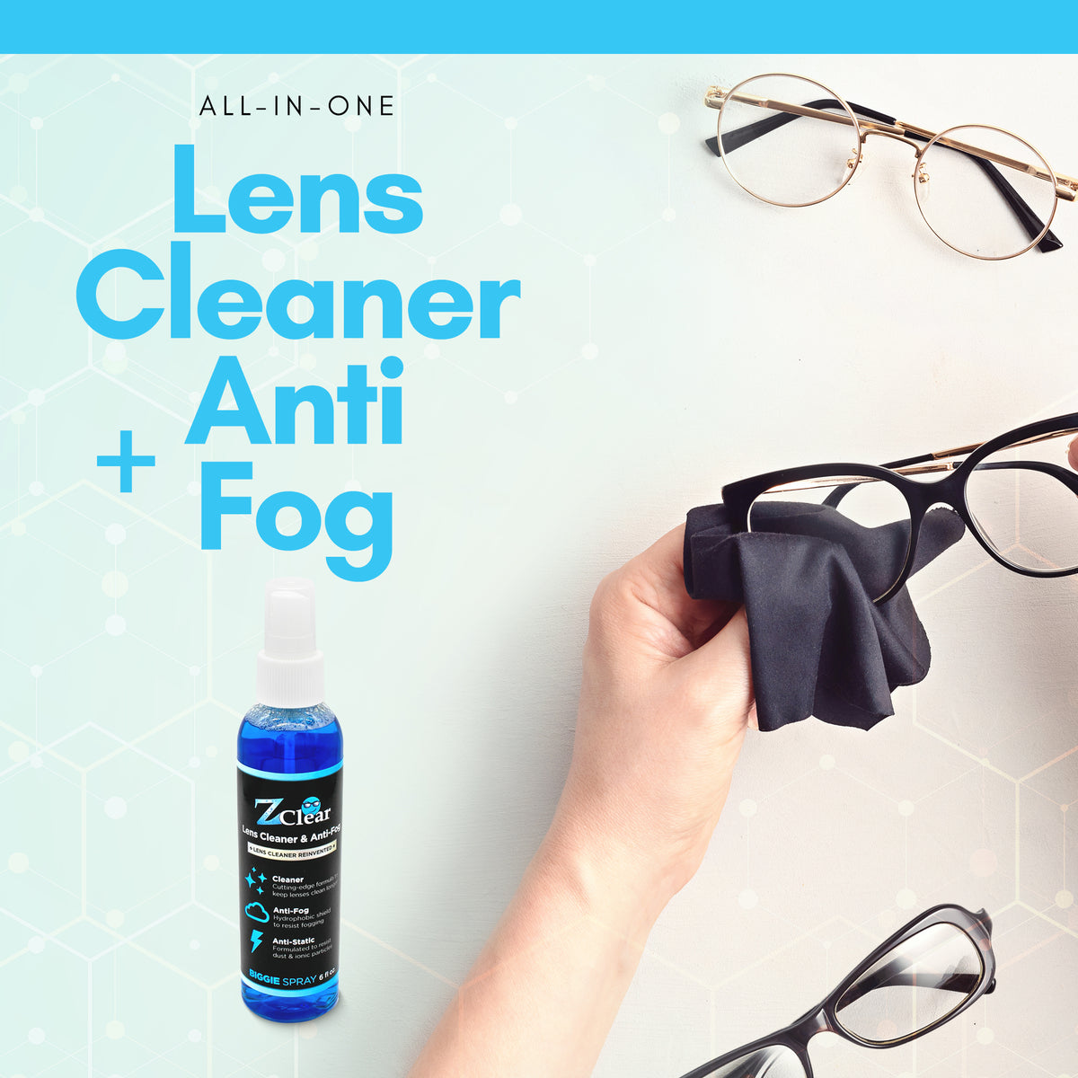Z Clear Biggie 6oz anti-fog spray applied to motorcycle helmet visor for long-lasting fog protection