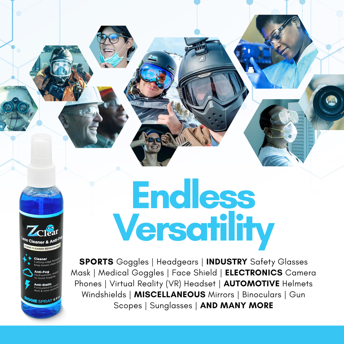 Z Clear Biggie 6oz anti-fog lens cleaner — alcohol-free formula safe for AR-coated lenses