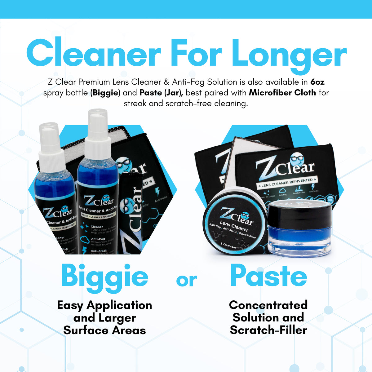 Z Clear Biggie 6oz spray ingredient panel — USA-made, alcohol-free, ammonia-free anti-fog formula
