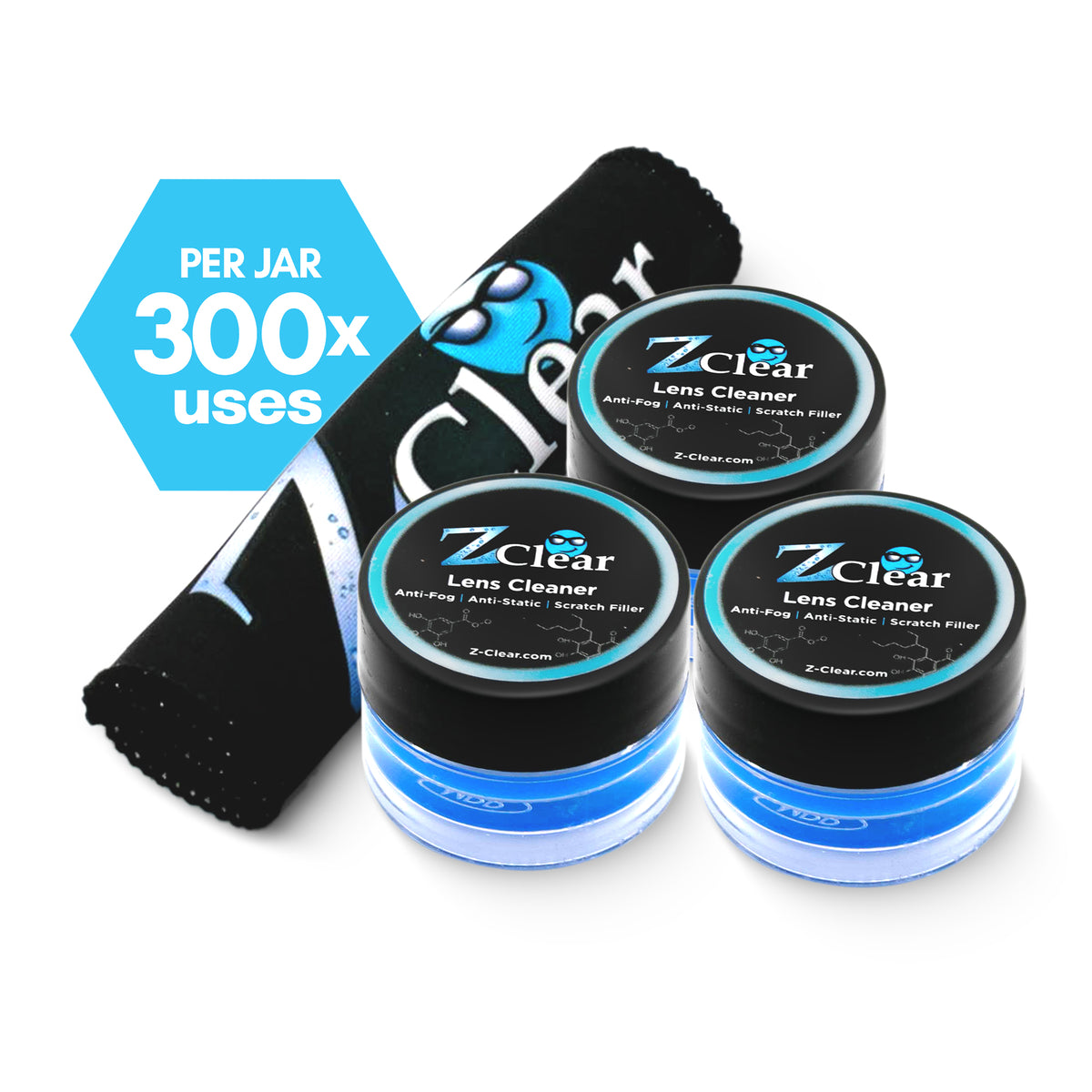 Z Clear anti-fog paste 3-pack — 300 uses per jar, includes microfiber cloth