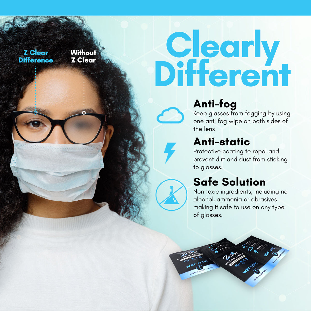 Z Clear 15ct anti-fog lens wipes — coating-safe, USA-made formula