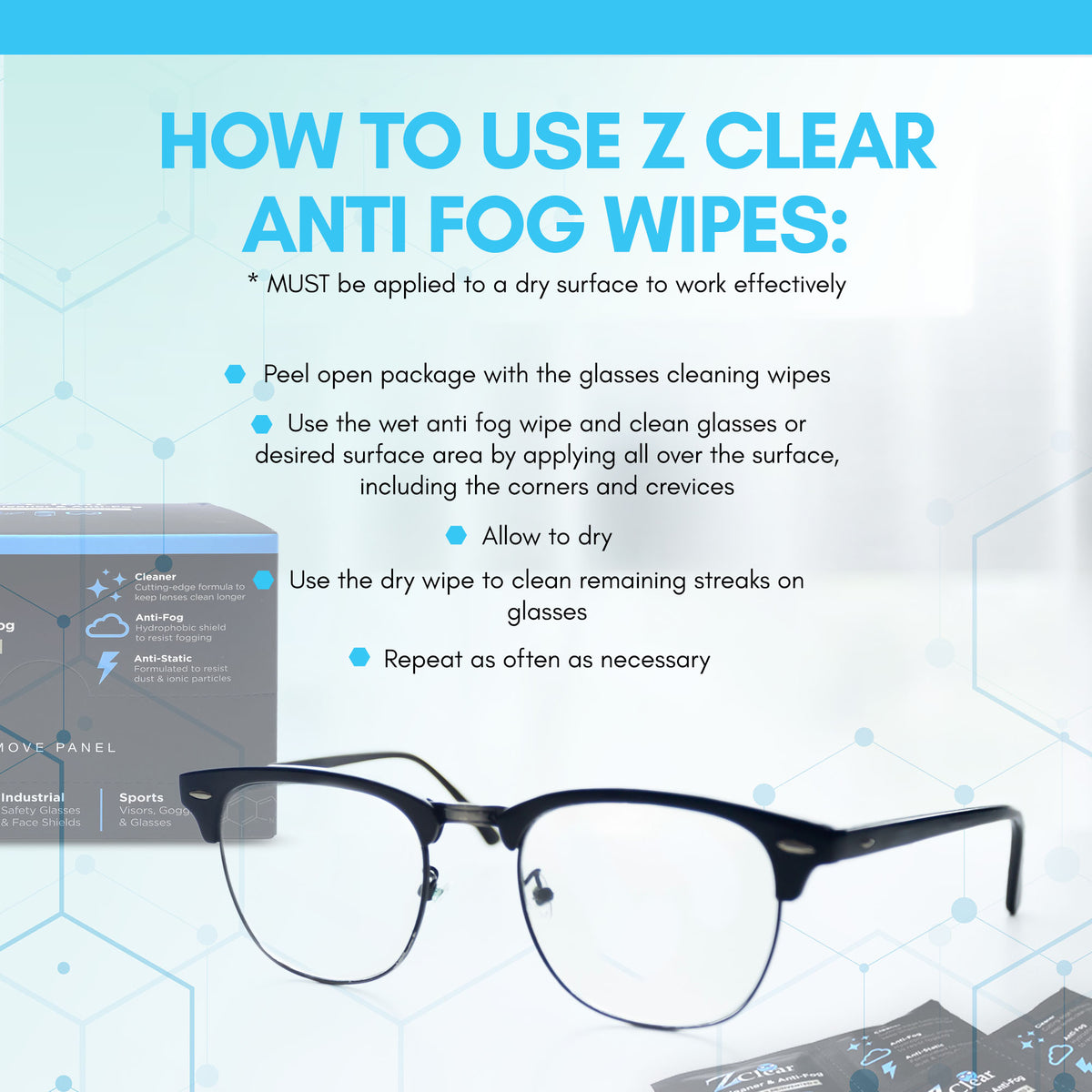 Cleaning AR-coated prescription glasses with Z Clear pre-moistened lens wipes